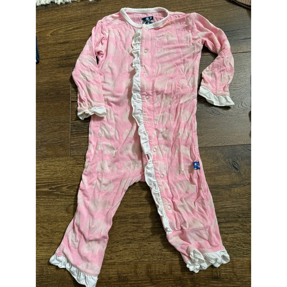 Vintage rare kickee pants big ruffle coveralls OG pink‎ elephants 3-6